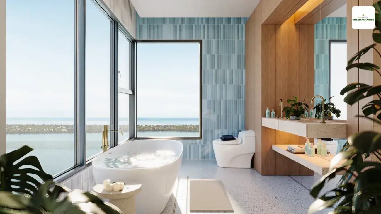 Không gian phòng tắm sang trọng với tầm nhìn ra biển tại Vinhomes Cần Giờ Green Paradise.
