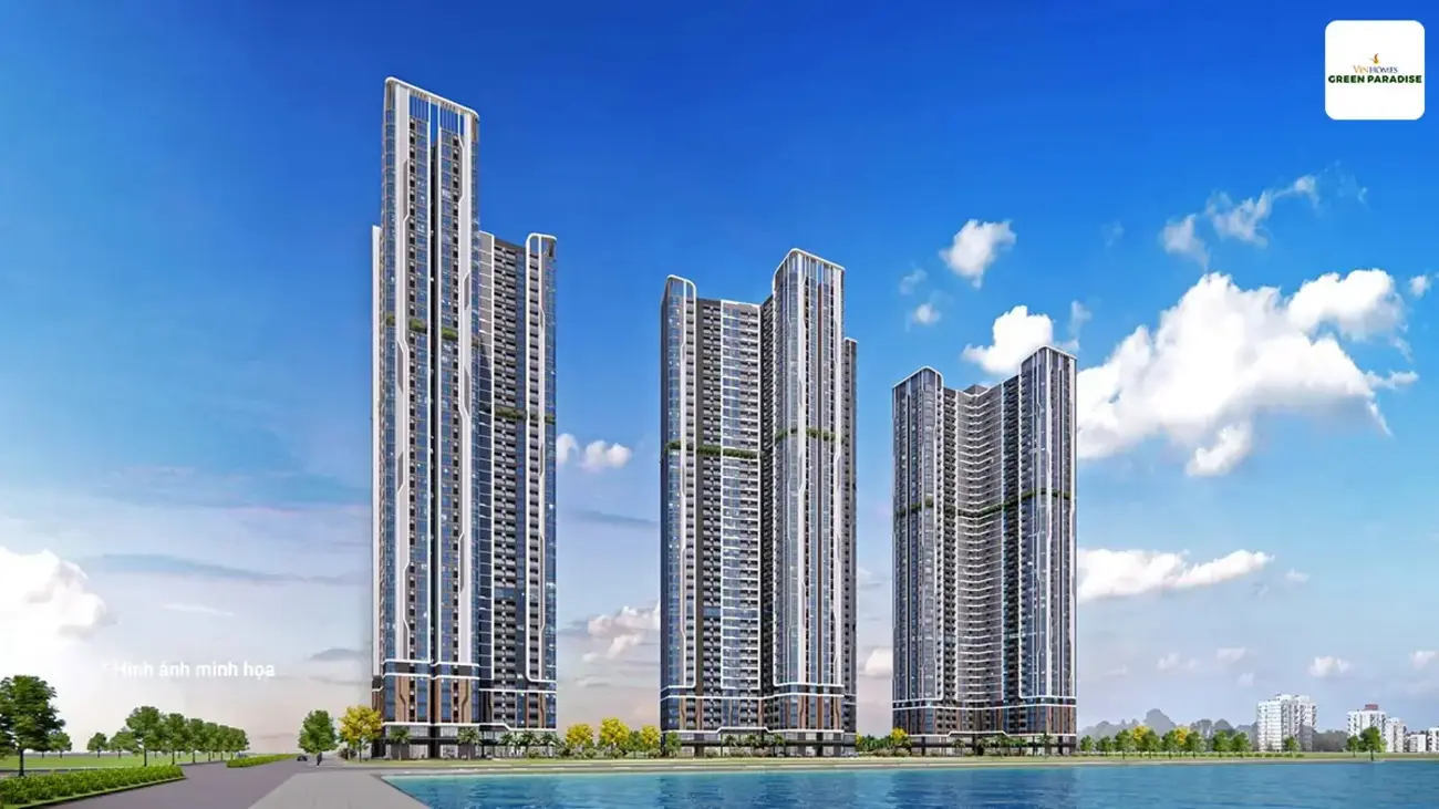 Minh họa các tòa chung cư Vinhomes Green Paradise tại Cần Giờ, TP.HCM với thiết kế hiện đại và vị trí sát biển hiếm có.